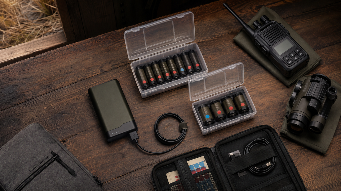 Labelled field batteries, power bank and radio organised in a waterproof case