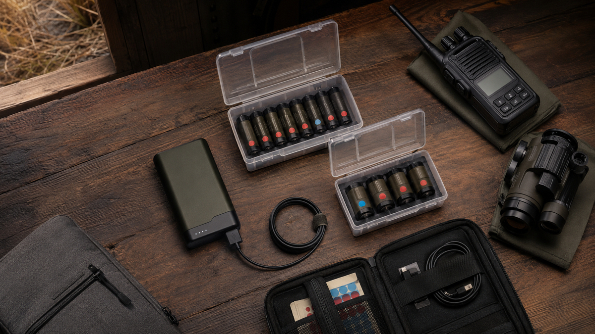 Labelled field batteries, power bank and radio organised in a waterproof case