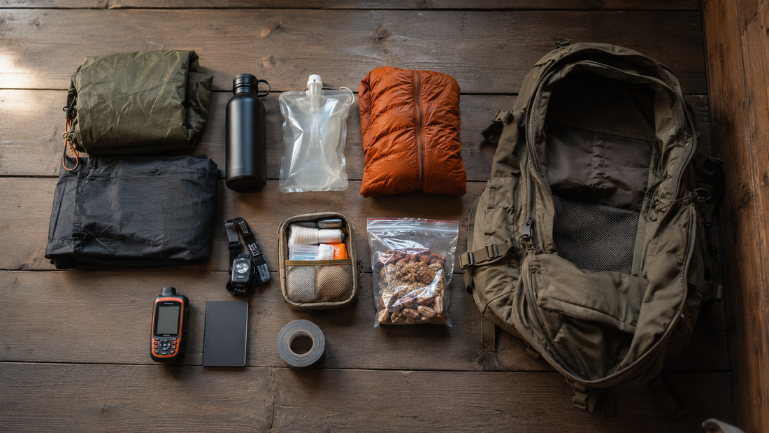 Organised 24-hour field kit laid out beside a compact rucksack