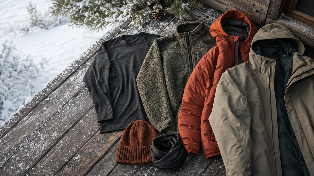 Cold-weather clothing layers arranged on snow beside pine branches