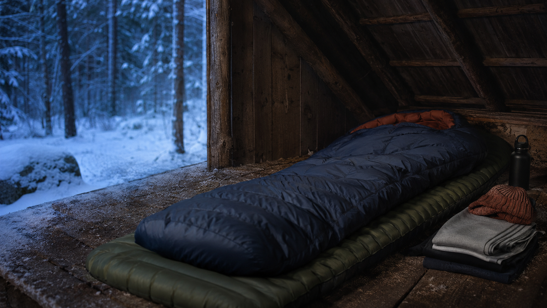 Winter sleeping bag and insulated mat inside a sheltered forest camp