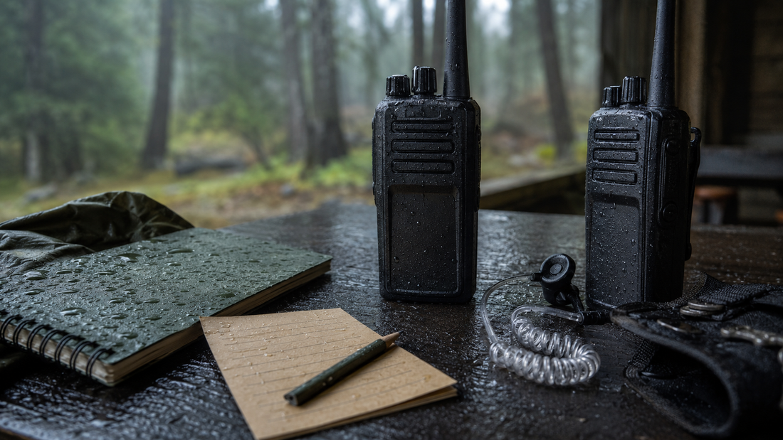 Two-way radios, waterproof notebook and pencil arranged on outdoor gear
