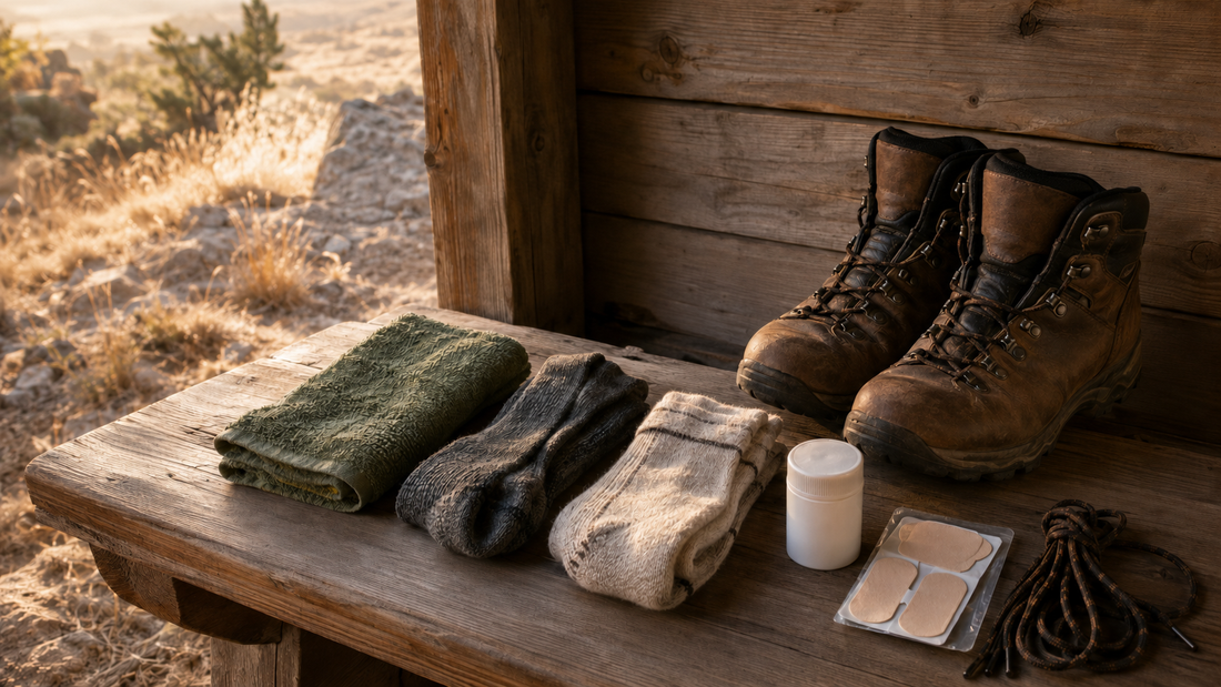 Hiking boots, dry socks and foot-care items on a clean field bench