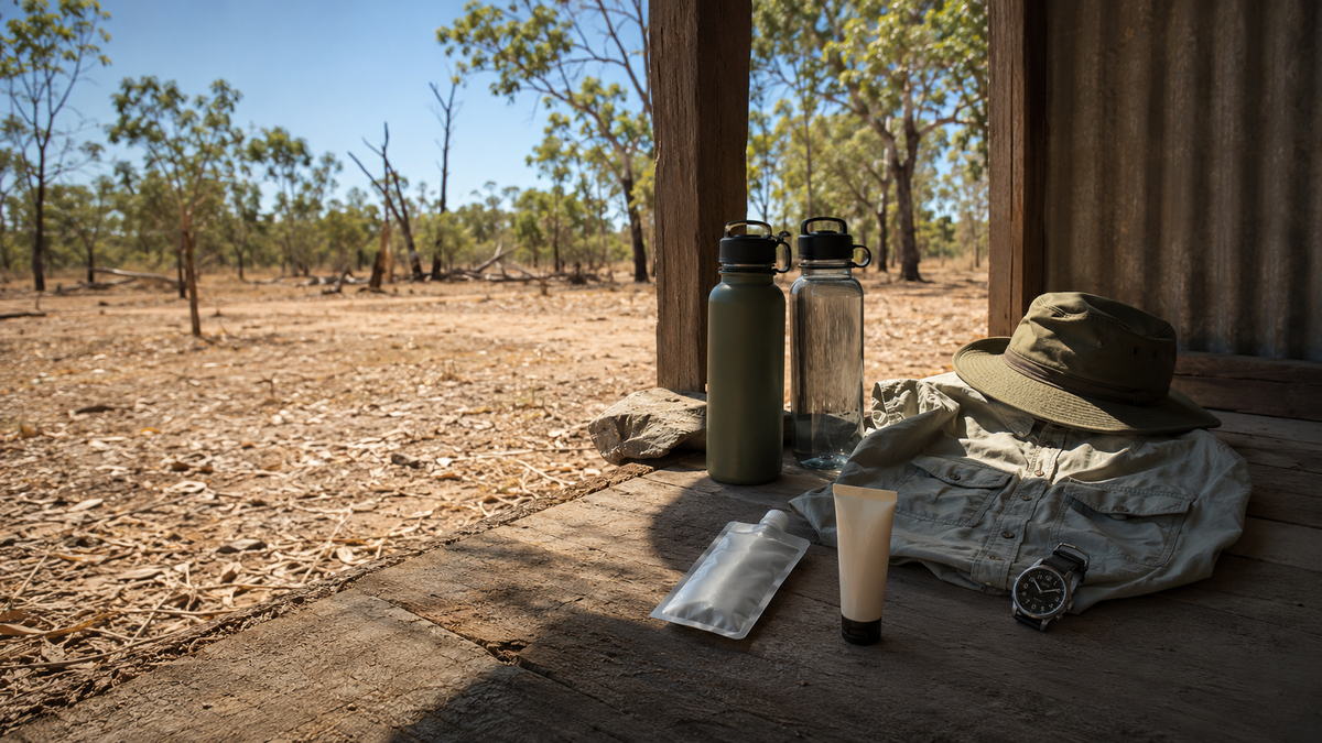 Lightweight field clothing, water and sun hat arranged in summer shade