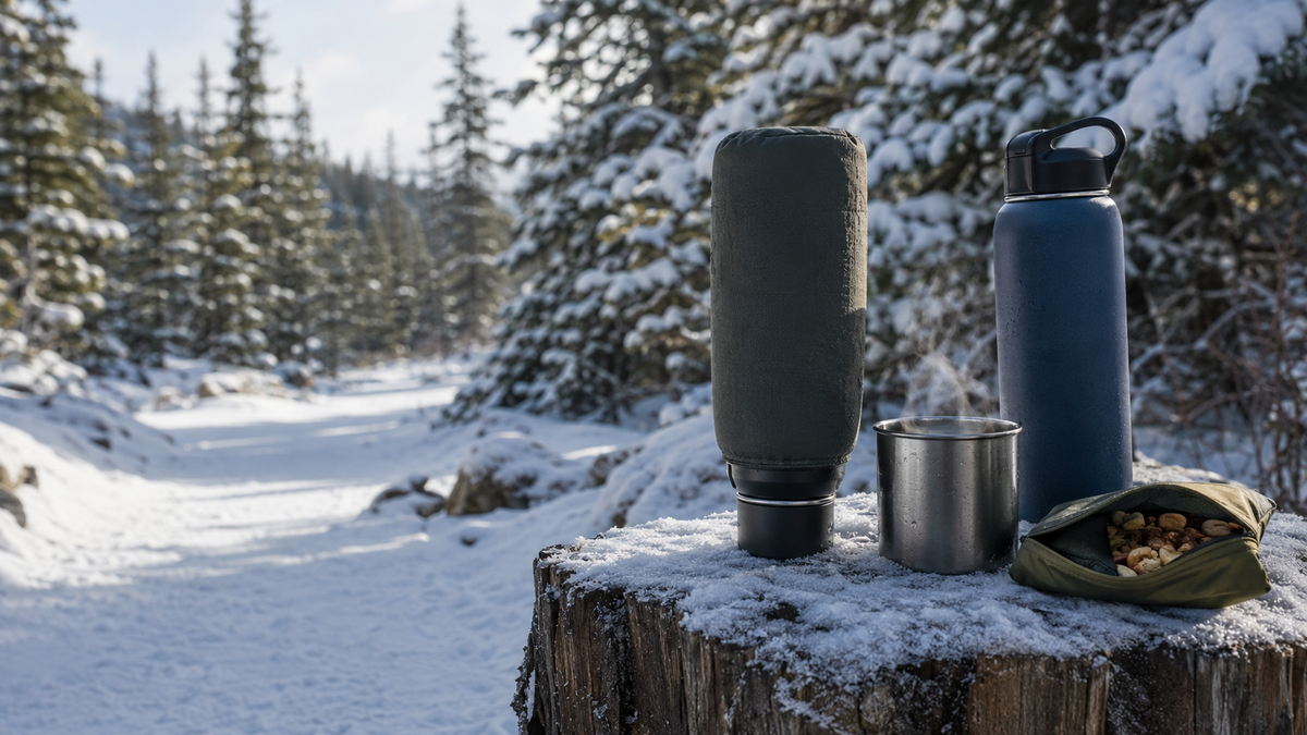 Insulated water bottle and metal cup steaming beside winter field gear