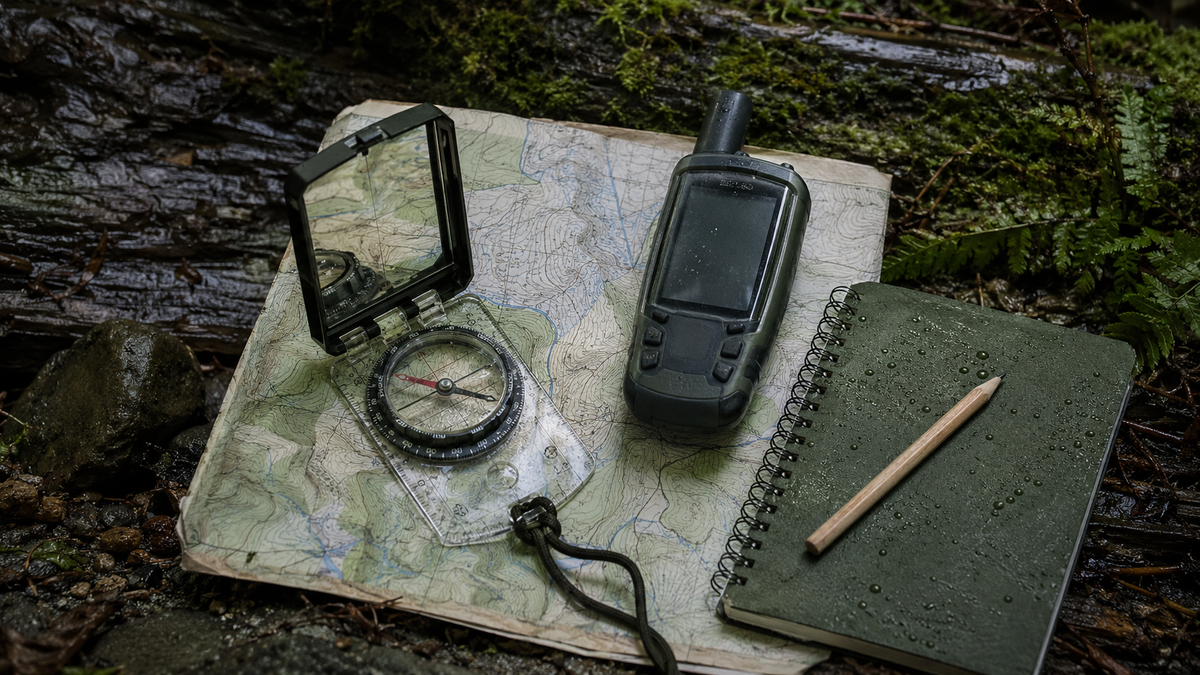 Baseplate compass aligned on a topographic map beside a GPS device