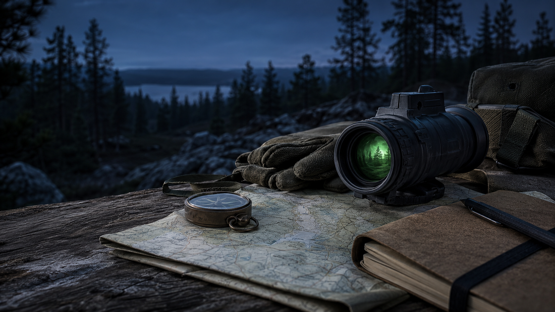 Night vision monocular with map and compass in a dark northern forest