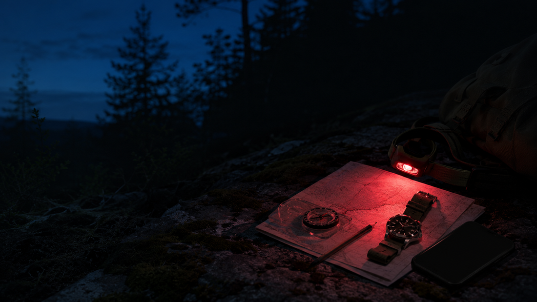 Red headlamp beside a map during a calm night field exercise