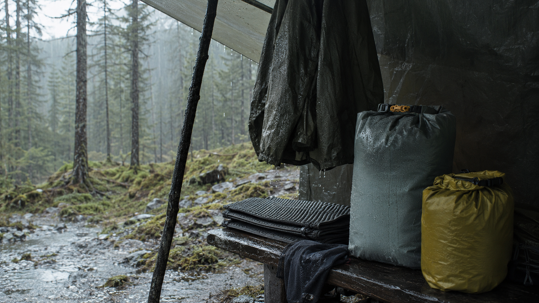 Rain shell, dry bags and wet forest equipment under a simple tarp