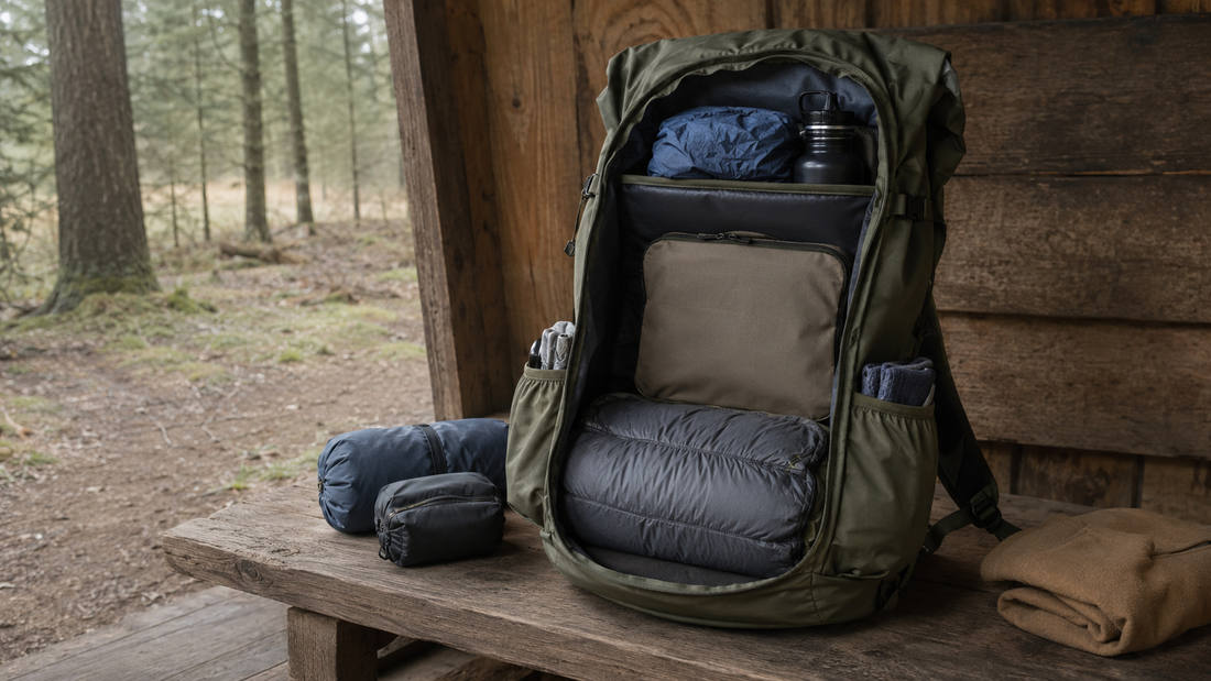Open rucksack with balanced packing zones and outdoor equipment