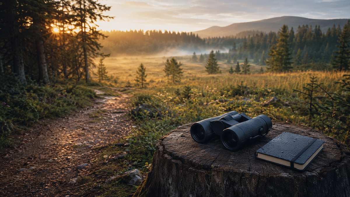 Binoculars and notebook overlooking an open woodland trail at sunrise