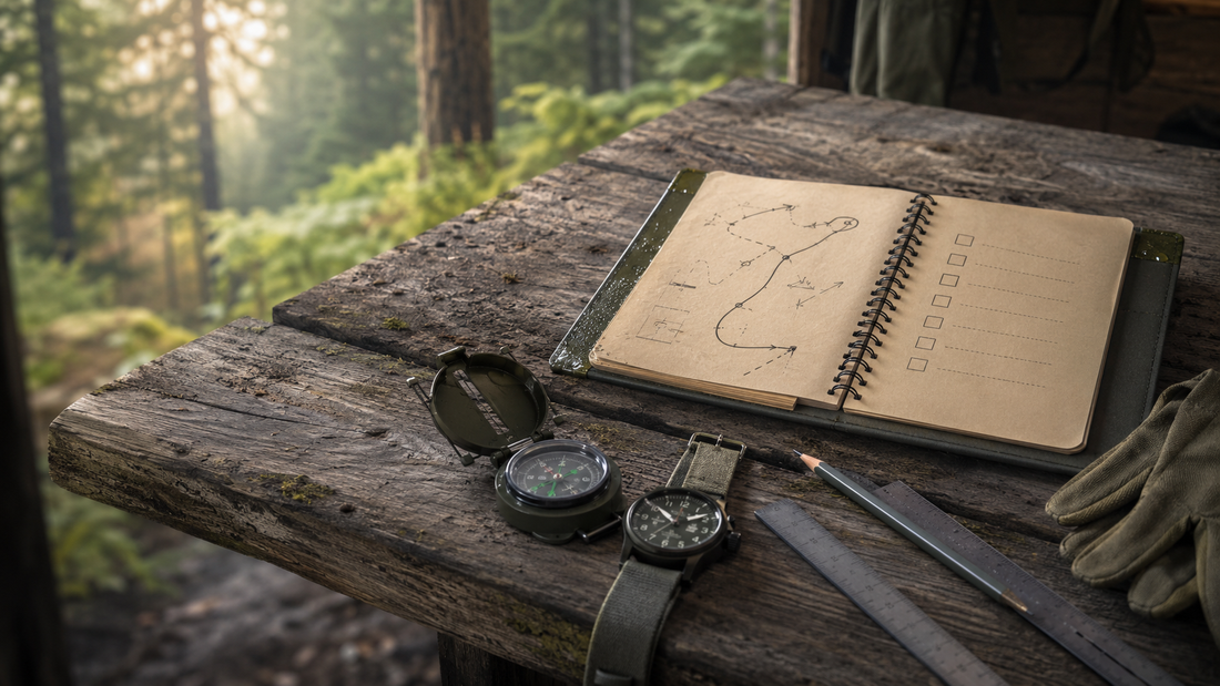 Field notebook with route plan checklist, compass and watch on a wooden table