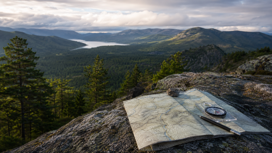 Topographic map and compass overlooking layered forest terrain