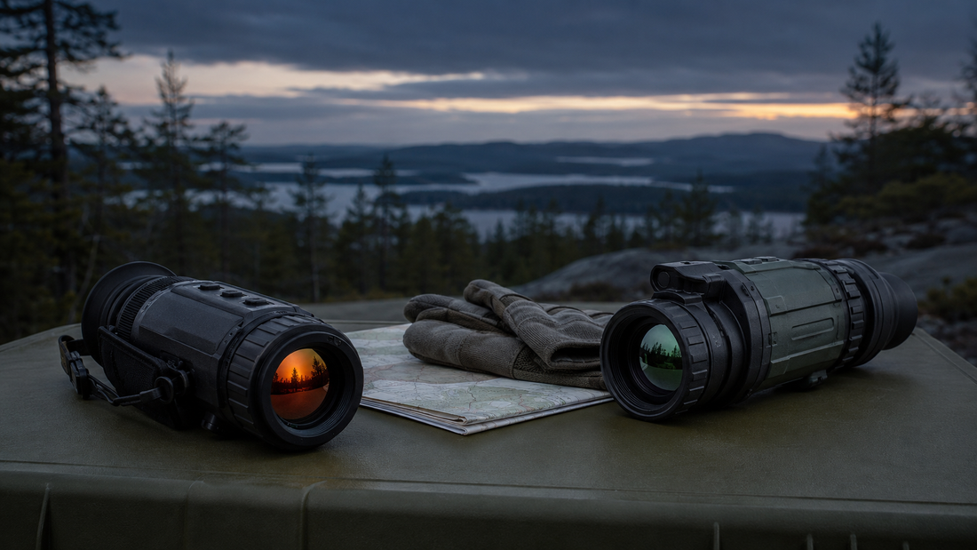Thermal monocular and night vision device compared on a field table at dusk