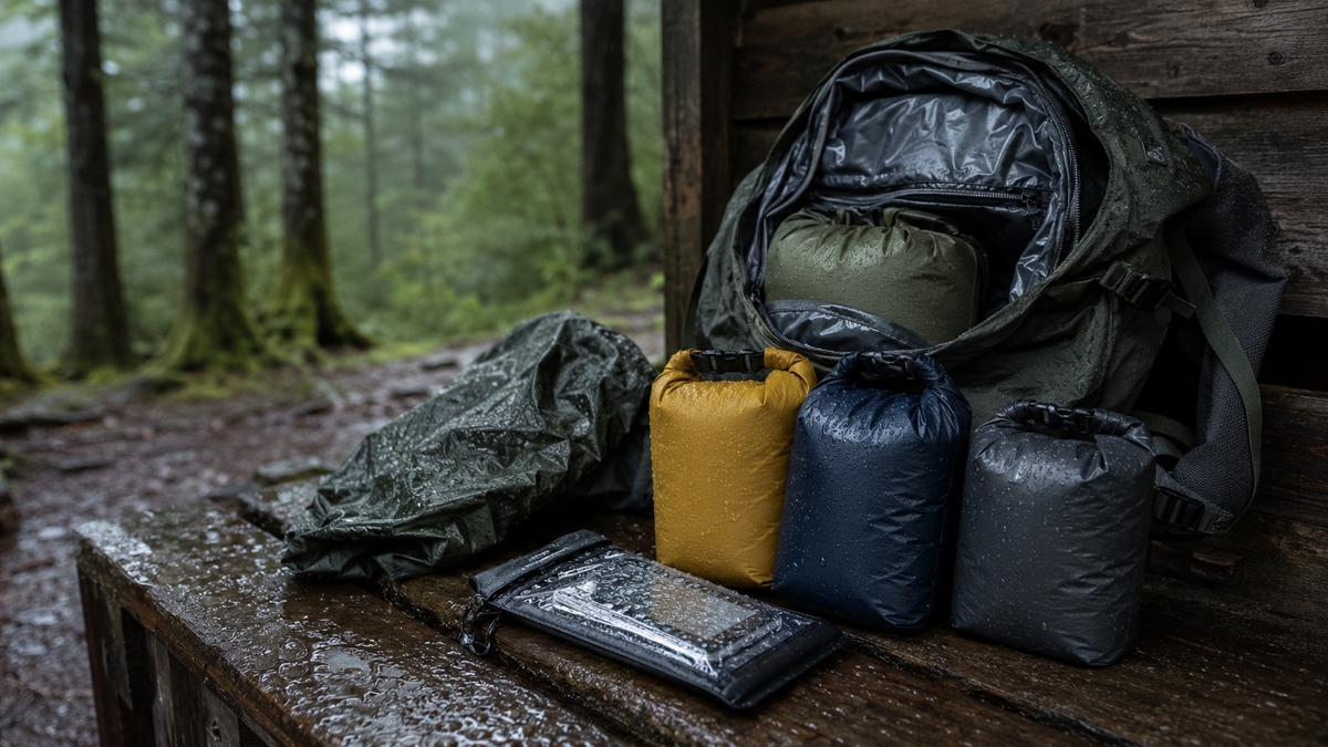 Colour-coded dry bags and pack liner beside wet field equipment
