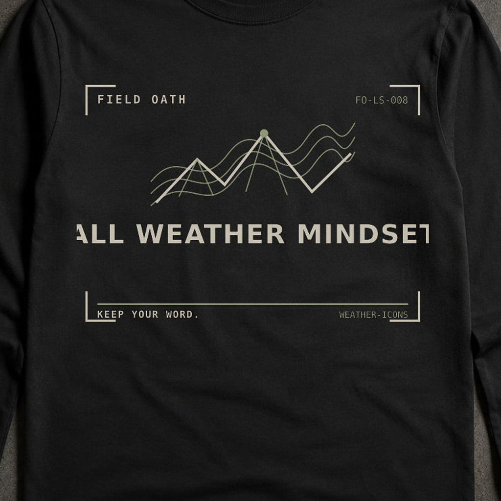 FIELD OATH All Weather Mindset Long Sleeve close-up of original tactical artwork and fabric texture
