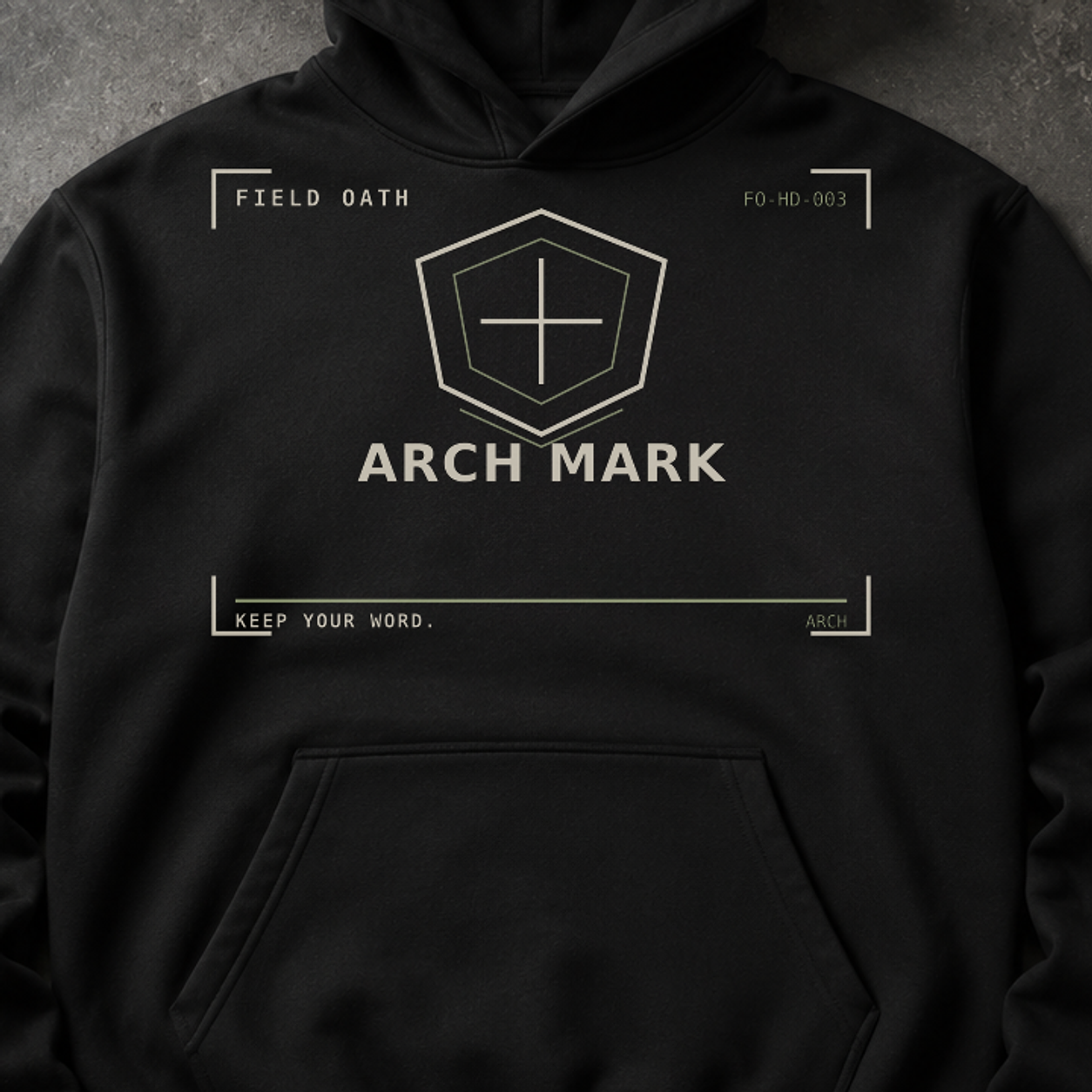 FIELD OATH Arch Mark Hoodie close-up of original tactical artwork and fabric texture