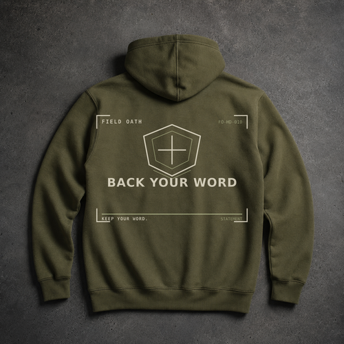 FIELD OATH Back Your Word Hoodie field olive hoodie large back artwork on dark concrete