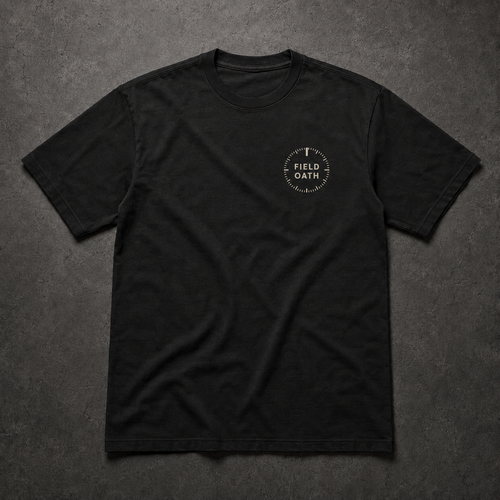 Black FIELD OATH Bearing 360 T-Shirt front flat lay with compact bearing-ring chest identifier
