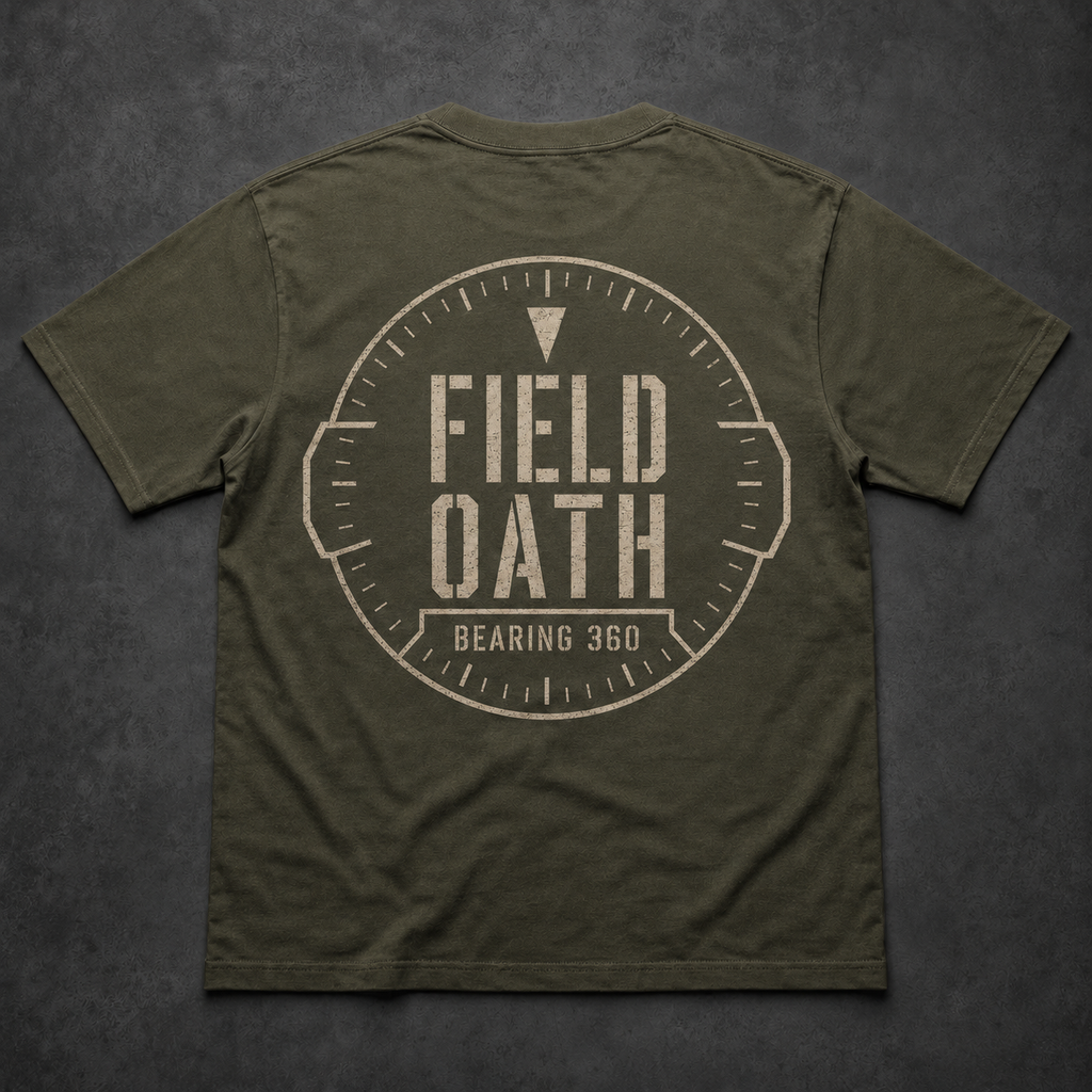 Field olive FIELD OATH Bearing 360 T-Shirt back flat lay with full bearing ring and locked-heading marker