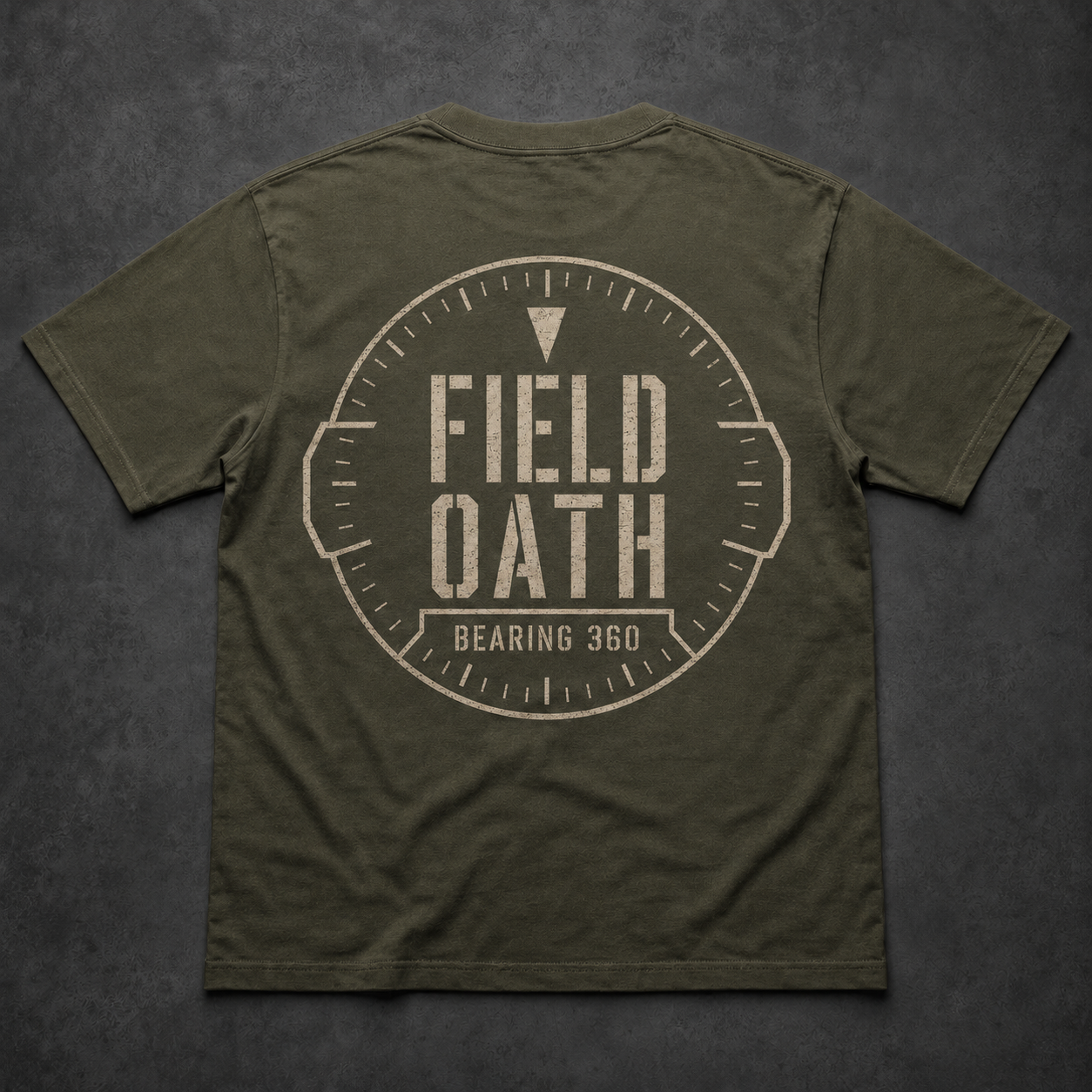 Field olive FIELD OATH Bearing 360 T-Shirt back flat lay with full bearing ring and locked-heading marker