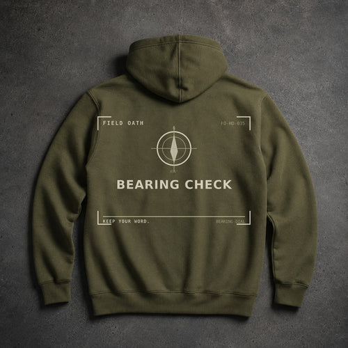 FIELD OATH Bearing Check Hoodie field olive hoodie large back artwork on dark concrete