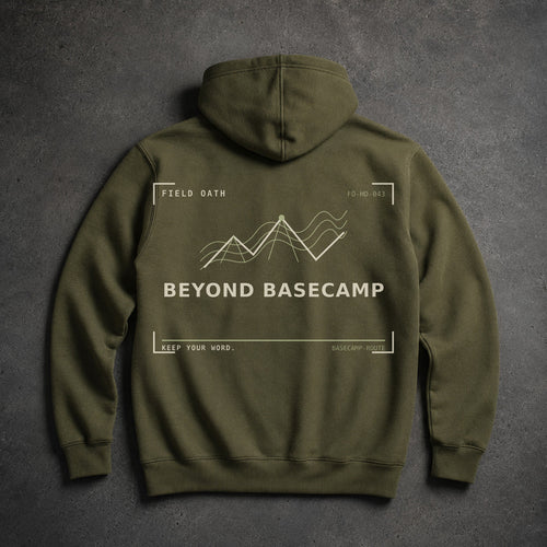 FIELD OATH Beyond Basecamp Hoodie field olive hoodie large back artwork on dark concrete