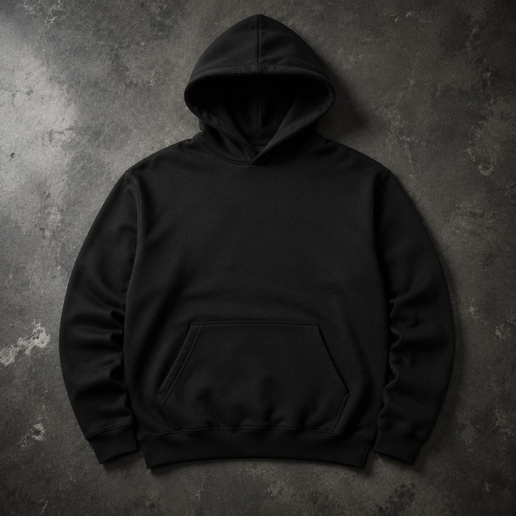 FIELD OATH Storm Passage Hoodie: FIELD OATH black 280 gsm pullover hoodie base garment, front view
