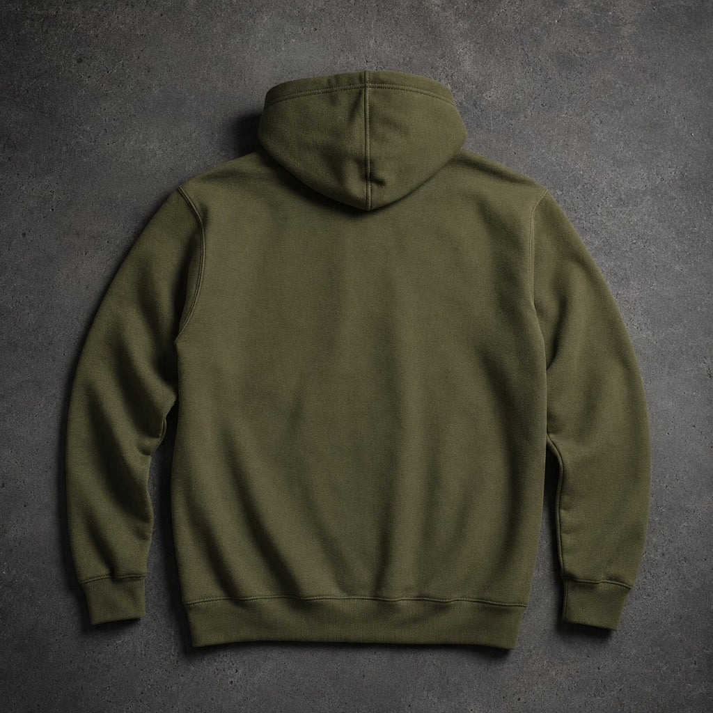 FIELD OATH Campcraft Hoodie: FIELD OATH field olive 280 gsm pullover hoodie base garment, back view