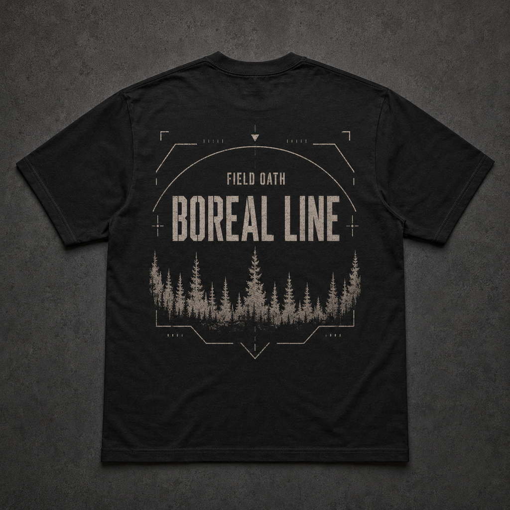 Black FIELD OATH Boreal Line T-Shirt back flat lay with boreal treeline and surveillance arc