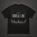 Black FIELD OATH Boreal Line T-Shirt back flat lay with boreal treeline and surveillance arc