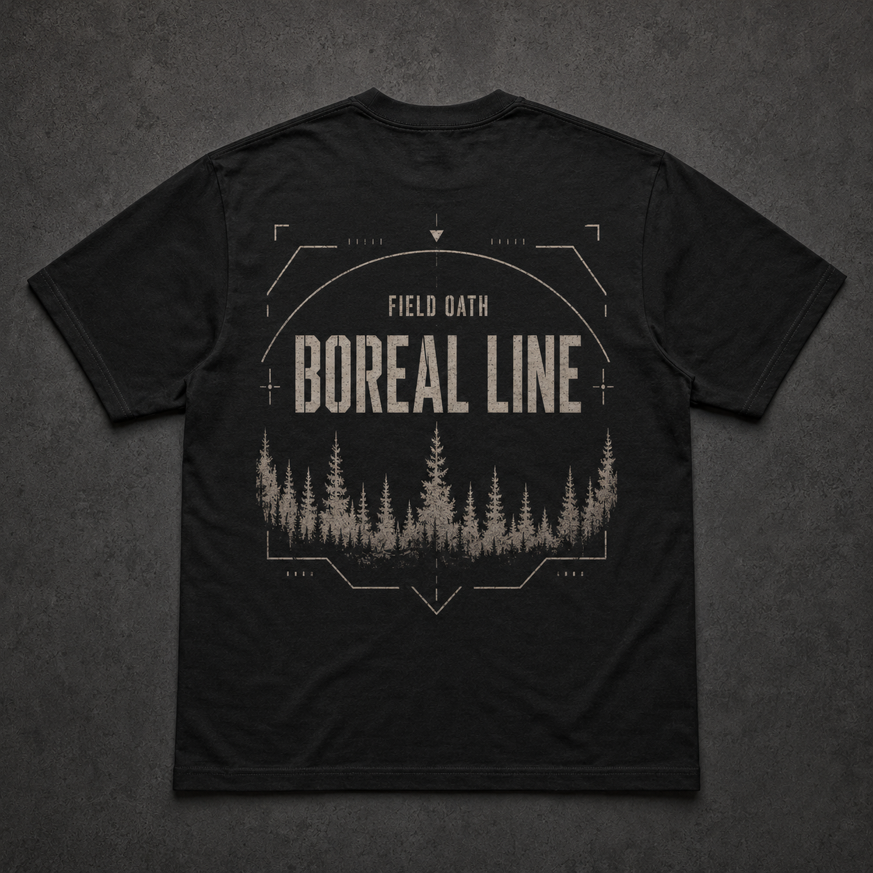 Black FIELD OATH Boreal Line T-Shirt back flat lay with boreal treeline and surveillance arc