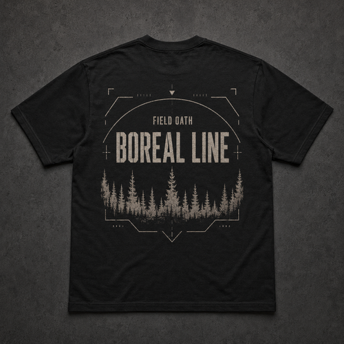 Black FIELD OATH Boreal Line T-Shirt back flat lay with boreal treeline and surveillance arc