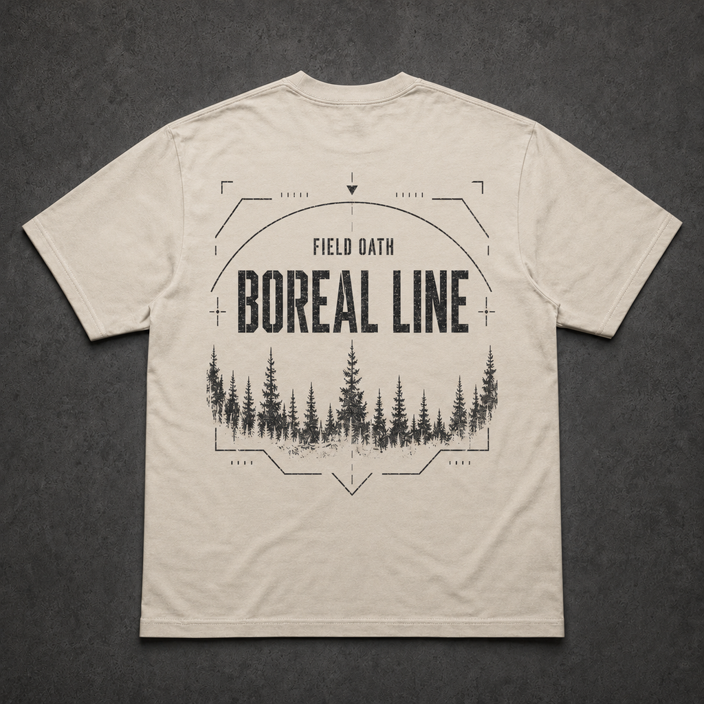 Bone FIELD OATH Boreal Line T-Shirt back flat lay with matching treeline artwork