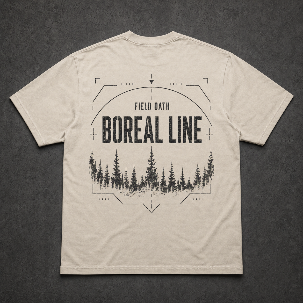 Bone FIELD OATH Boreal Line T-Shirt back flat lay with matching treeline artwork