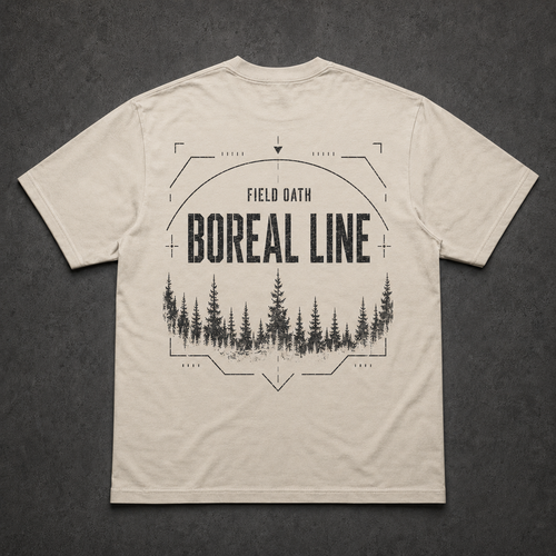 Bone FIELD OATH Boreal Line T-Shirt back flat lay with matching treeline artwork