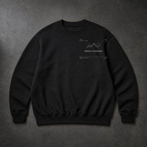 FIELD OATH Boreal Standard Crewneck black crewneck front artwork on dark concrete