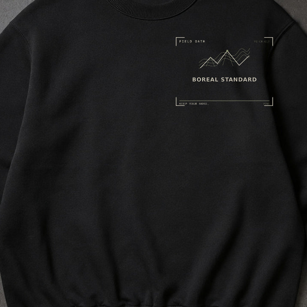 FIELD OATH Boreal Standard Crewneck close-up of original tactical artwork and fabric texture