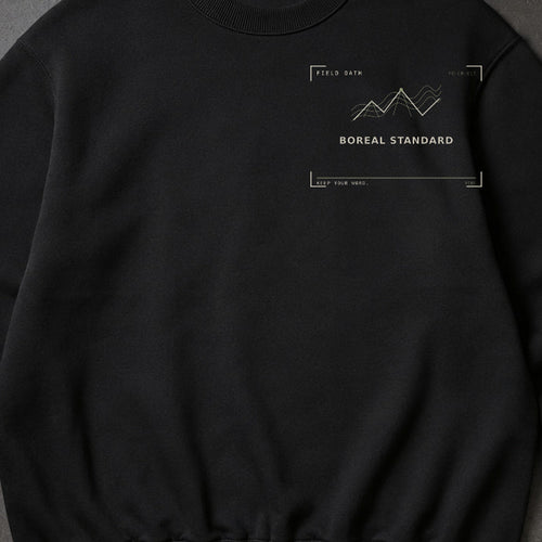 FIELD OATH Boreal Standard Crewneck close-up of original tactical artwork and fabric texture