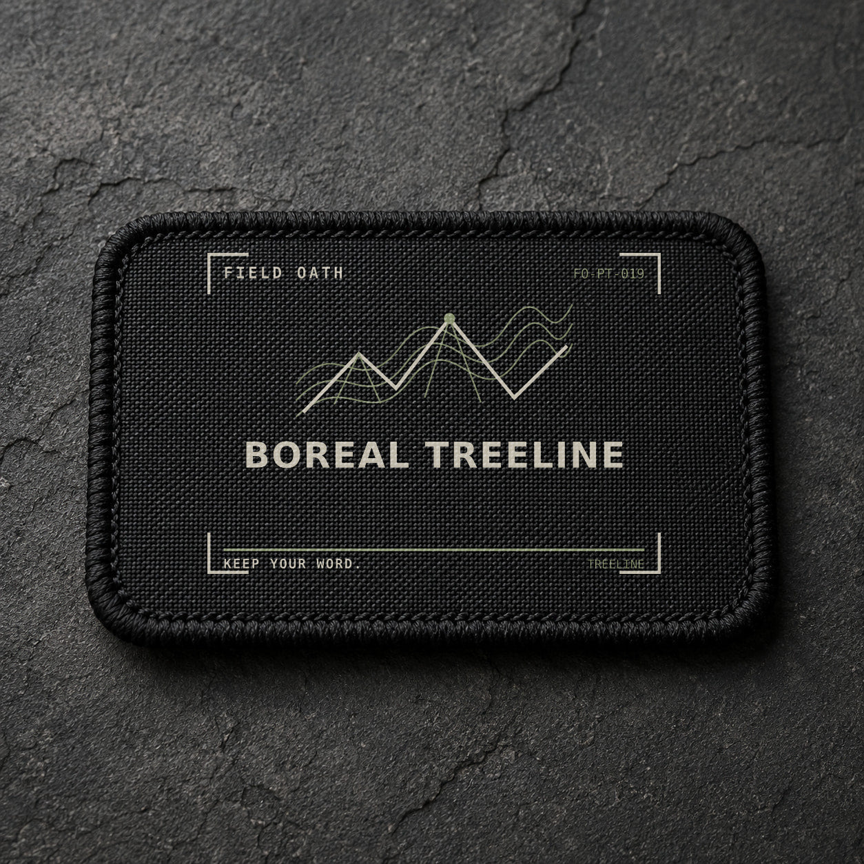 FIELD OATH Boreal Treeline Patch rectangular black embroidered patch with original FIELD OATH artwork