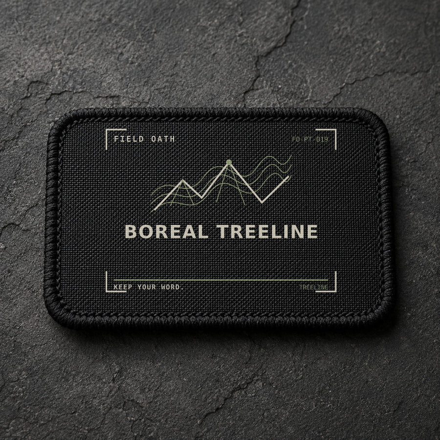 FIELD OATH Boreal Treeline Patch rectangular black embroidered patch with original FIELD OATH artwork