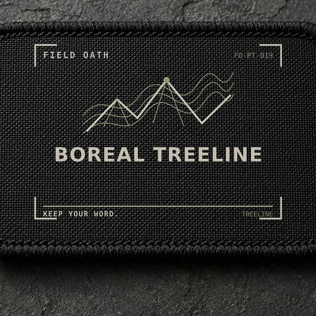 FIELD OATH Boreal Treeline Patch close-up showing woven face, stitched border and embroidery detail