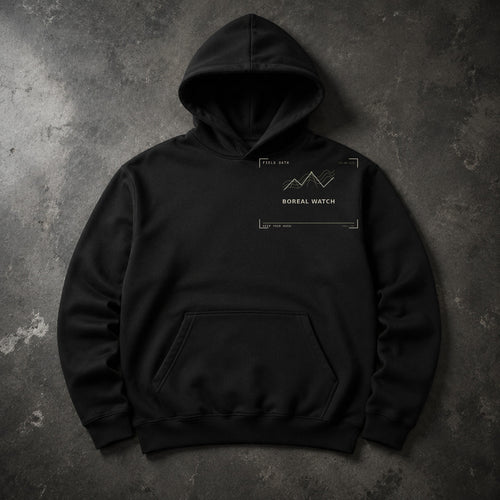 FIELD OATH Boreal Watch Hoodie black hoodie front artwork on dark concrete