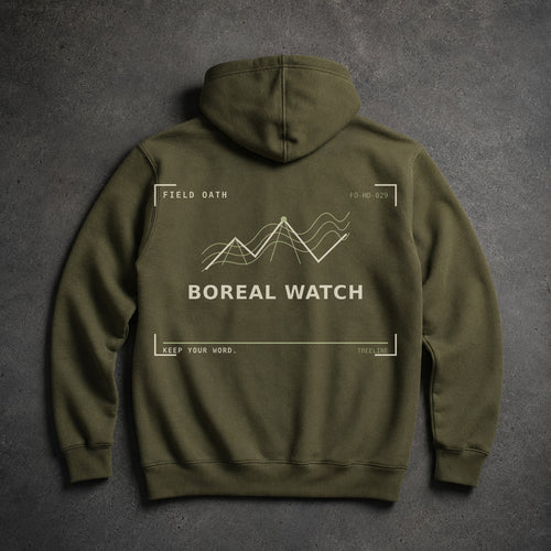 FIELD OATH Boreal Watch Hoodie field olive hoodie large back artwork on dark concrete