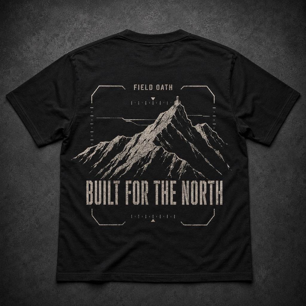 Black FIELD OATH Built for the North T-Shirt back flat lay with severe ridge graphic