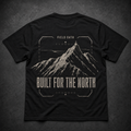 Black FIELD OATH Built for the North T-Shirt back flat lay with severe ridge graphic
