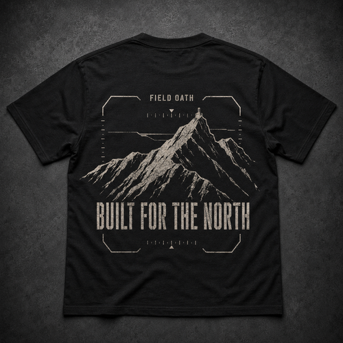 Black FIELD OATH Built for the North T-Shirt back flat lay with severe ridge graphic