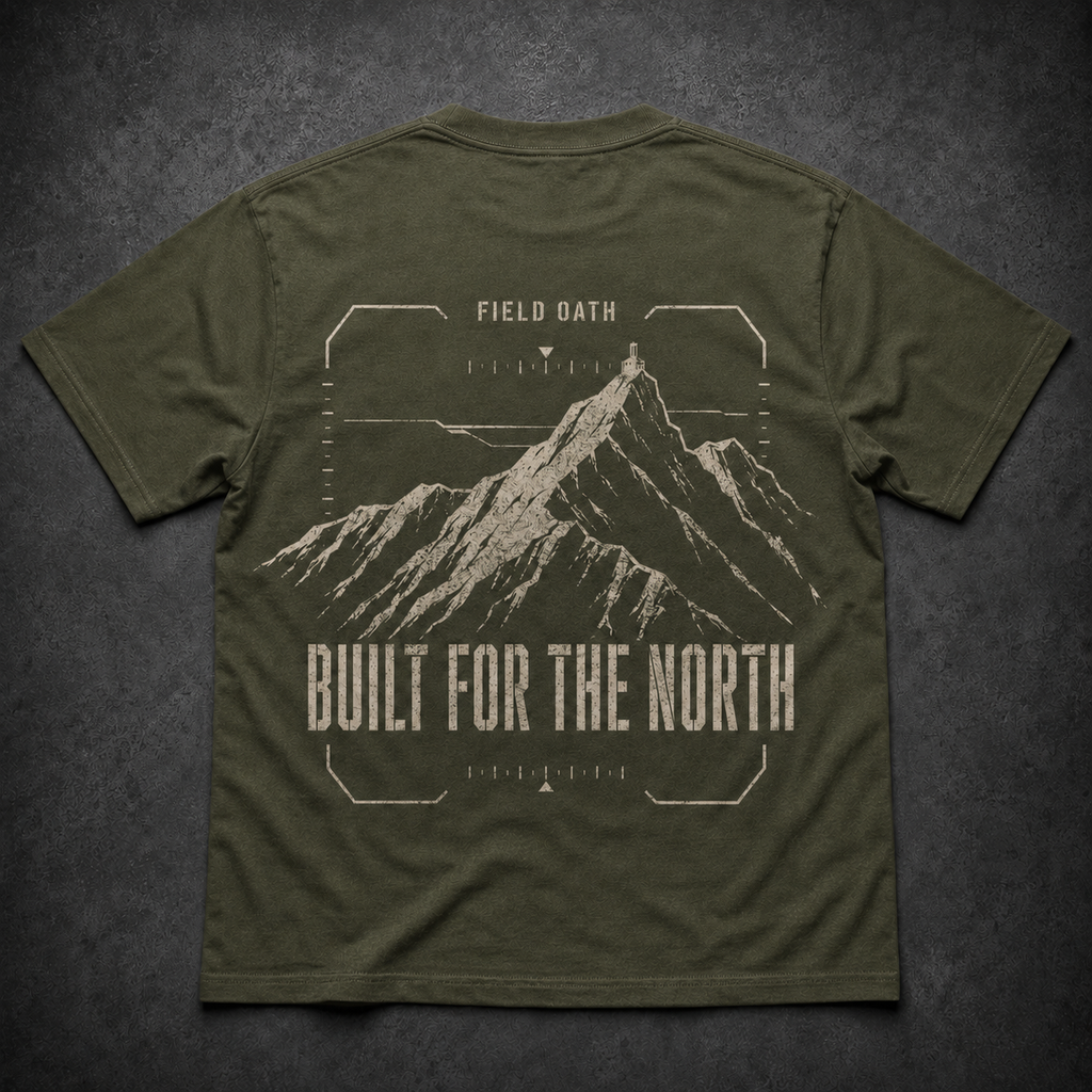 Field olive FIELD OATH Built for the North T-Shirt back flat lay with matching ridge artwork