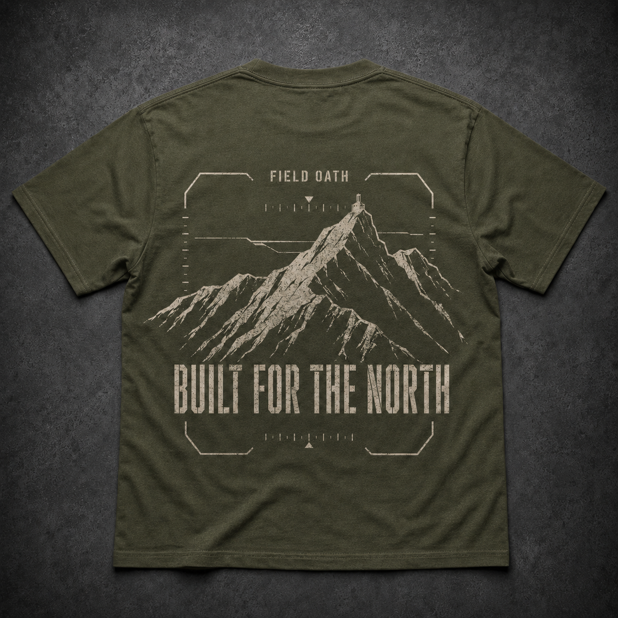 Field olive FIELD OATH Built for the North T-Shirt back flat lay with matching ridge artwork