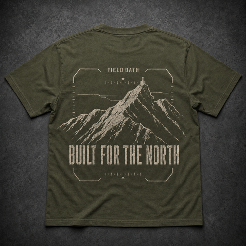 Field olive FIELD OATH Built for the North T-Shirt back flat lay with matching ridge artwork